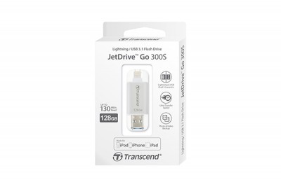 USB OTG 64 GB Mobile Storage for iOS Devices Transcend’s JetDrive™ Go 300 Silvers Apple MFi Certified Lightning & USB 3.1 Gen 1 Type A connectors flash drive