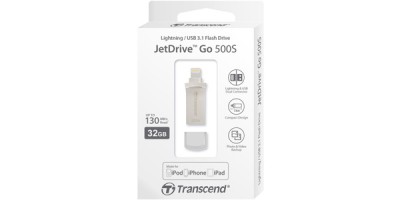 USB OTG 32 GB Mobile Storage for iOS Devices Transcend’s JetDrive™ Go 500 Silver Lightning & USB 3.1 Gen 1 Type A connectors flash drive