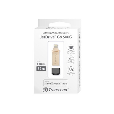 USB OTG 32 GB Mobile Storage for iOS Devices Transcend’s JetDrive Go 500 Gold Lightning & USB 3.1 Gen 1 Type A connectors flash drive