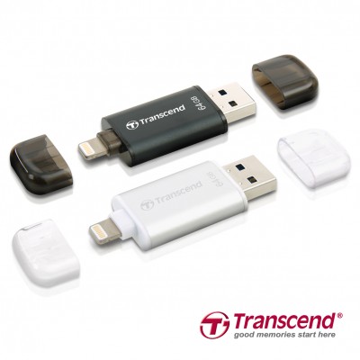 USB OTG 64 GB Mobile Storage for iOS Devices Transcend’s JetDrive™ Go 300 Silvers Apple MFi Certified Lightning & USB 3.1 Gen 1 Type A connectors flash drive