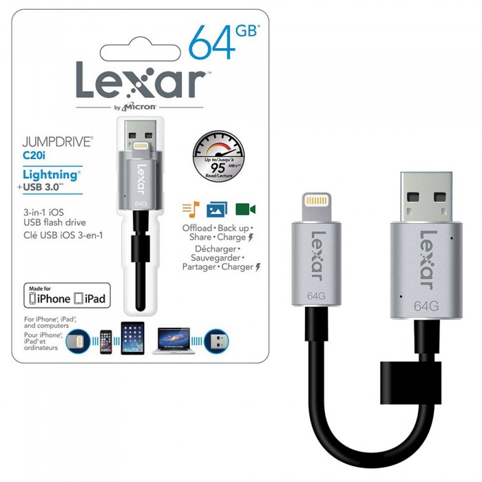 USB Lightning Lexar Jumpdriver C20i 64GB - LJDC20I-64GBBBAP iPhone, iPad