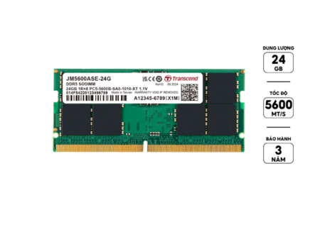 Thanh ram dùng cho Laptop hiệu Transcend, 24GB JM DDR5 5600 SO-DIMM 1Rx8 2Gx8 CL46 1.1V