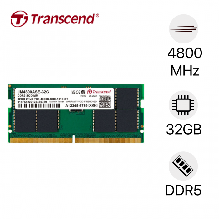 Thanh ram dùng cho Laptop hiệu Transcend 32GB JM DDR5 4800 SO-DIMM 2Rx8 2Gx8 CL40 1.1VV