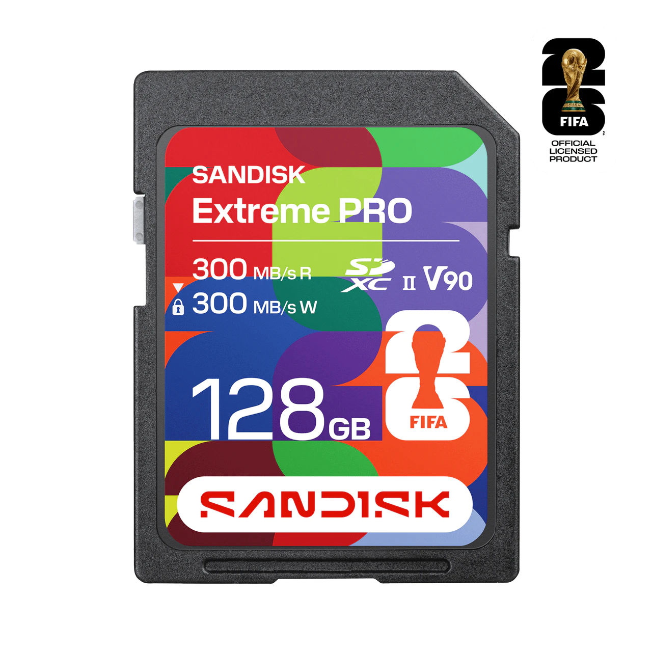Thẻ nhớ SanDisk® FIFA 2026 UHS-II Card, 128GB, 300MB/s R; 300MB/s W, IP68; 6-Meter drop_SDSDXDM-128G-GN4IH
